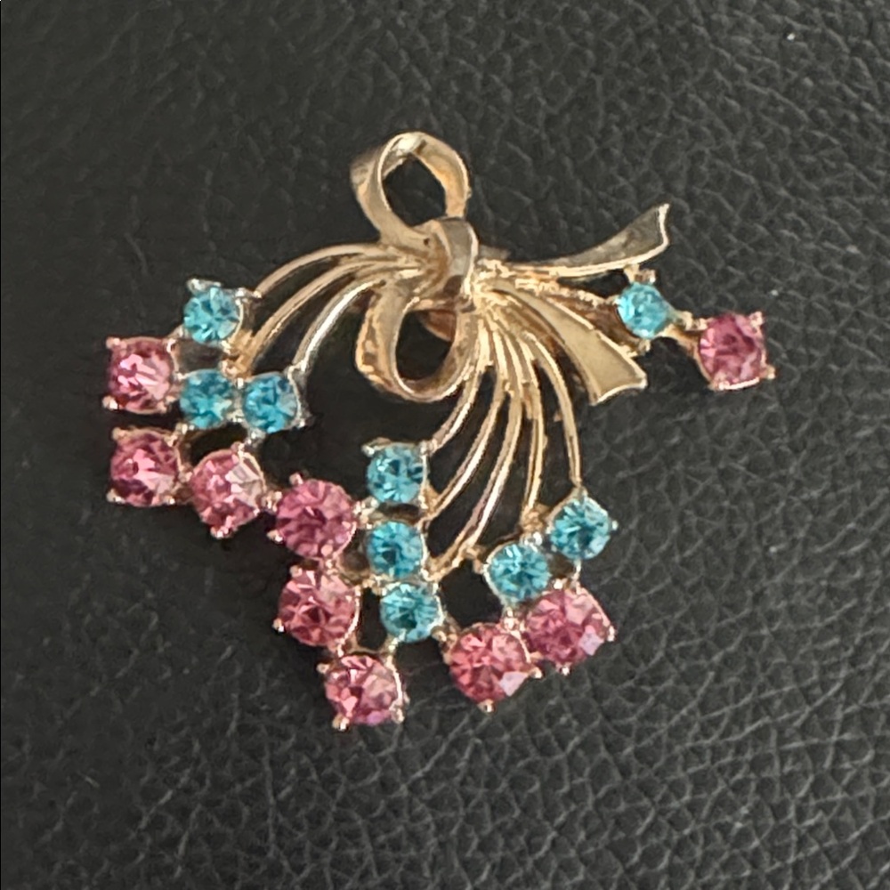 Vintage Bow Brooch with Pink & Blue Rhinestone Stray